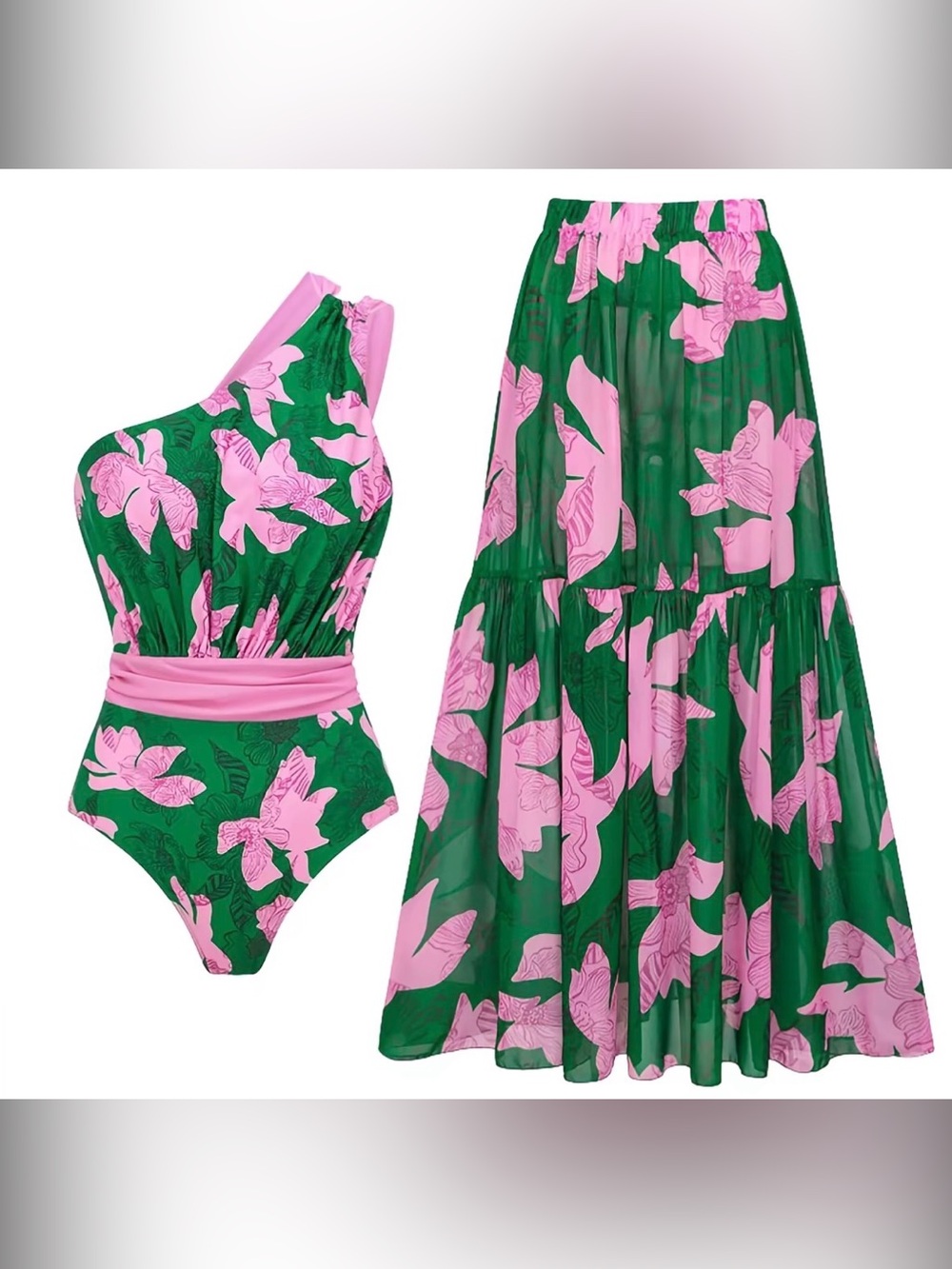 Green & Pink Floral One-Shoulder Swimsuit with Matching Skirt Size Medium